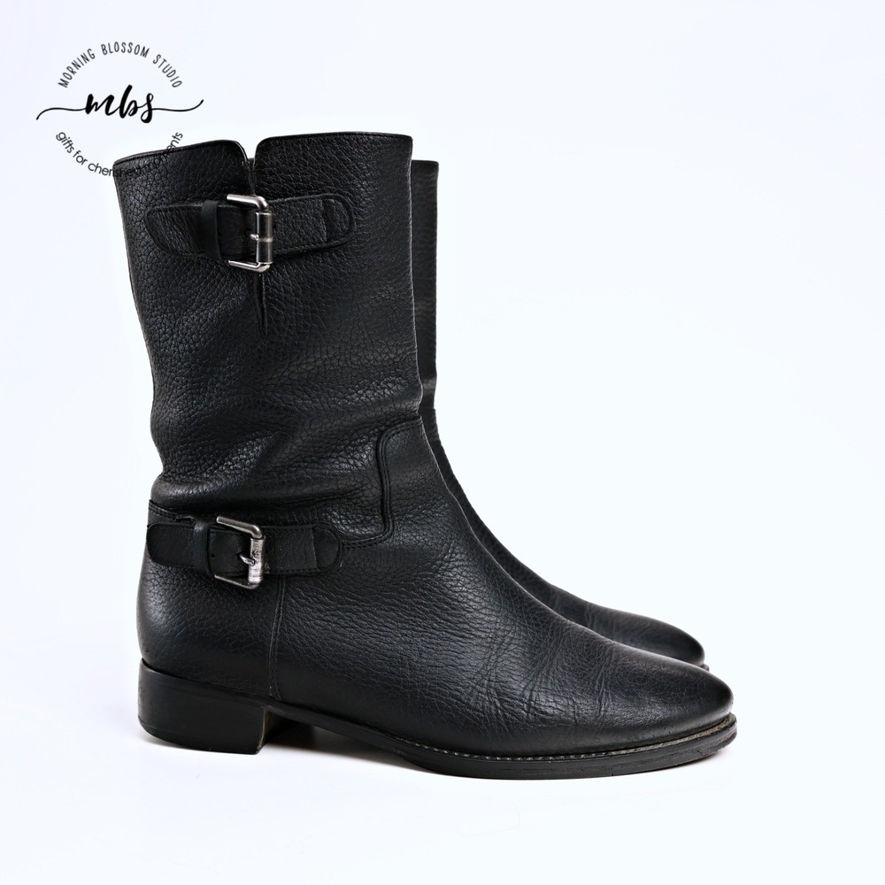 Carel Paris Start Leather Ankle Boots Black Silver Buckle Moto Women 8